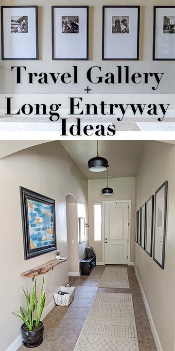 Modern, boho hallway and long entryway ideas. Our entry hallway makeover including pendant lighting, coat hangers, live edge shelf and large travel gallery. Oversized frames for big travel gallery on a budget.