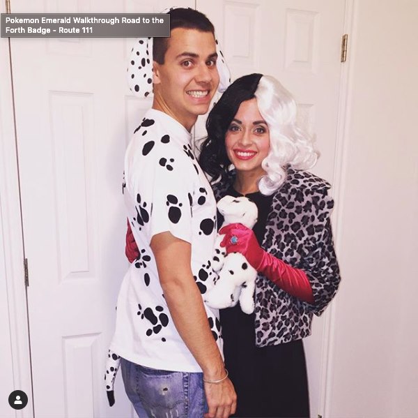 101 Dalmatians Cruella de Vil and Dalmatian puppy. Couple Halloween costume ideas for you and your spouse or significant other. Cute and easy Halloween costumes for couples you can DIY or buy.