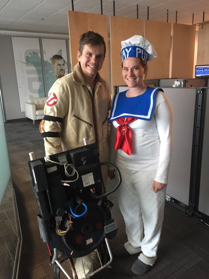 Ghostbusters and Stay Puft. Pregnant costume. Couple Halloween costume ideas for you and your spouse or significant other. Cute and easy Halloween costumes for couples you can DIY or buy.