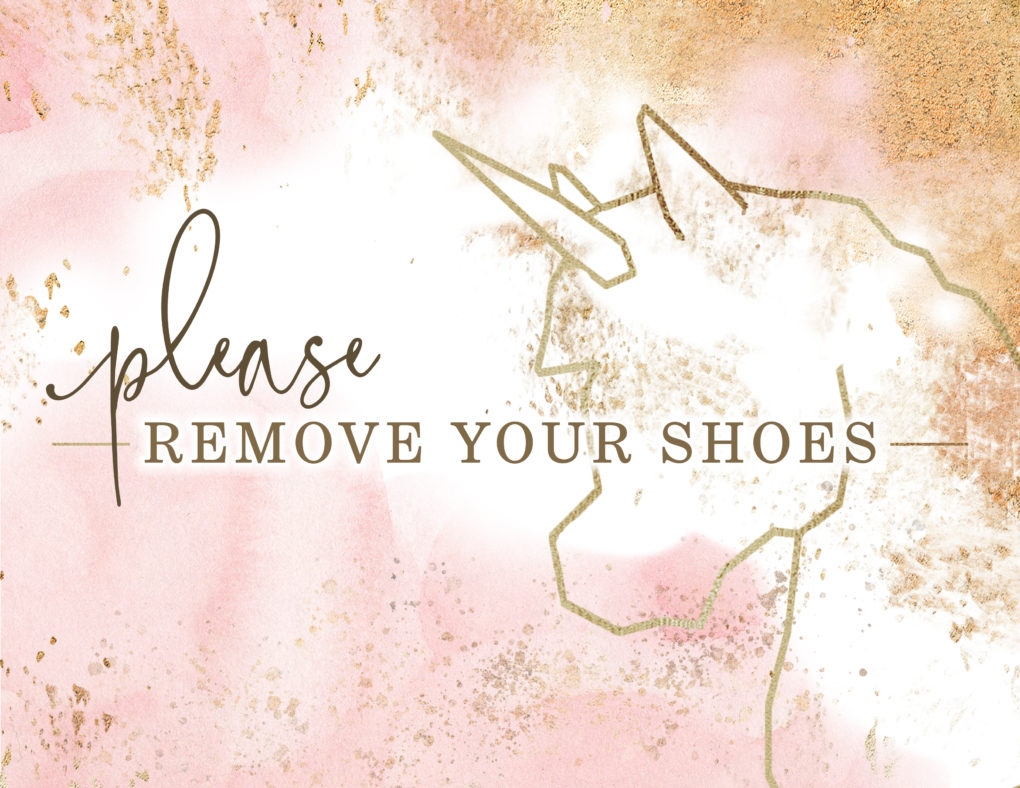 Magical Unicorn Birthday Party remove shoes sign