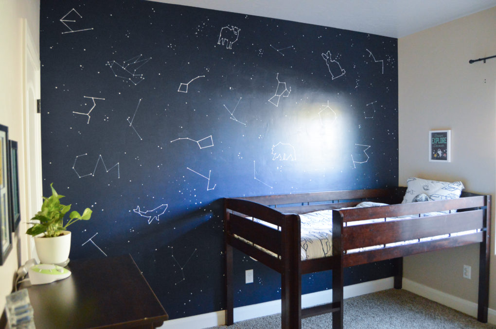Kids bedroom after picture with bold constellation wall. - Before and after pictures of our Utah home one year after we moved in. It is fun to compare the rooms and spaces in our house and see our progress.