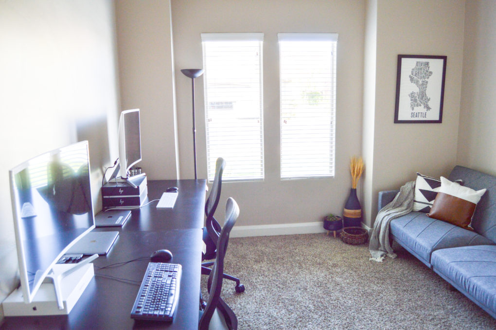 Home office after picture with masculine, high contrast style and southwestern accents. - Before and after pictures of our Utah home one year after we moved in. It is fun to compare the rooms and spaces in our house and see our progress.