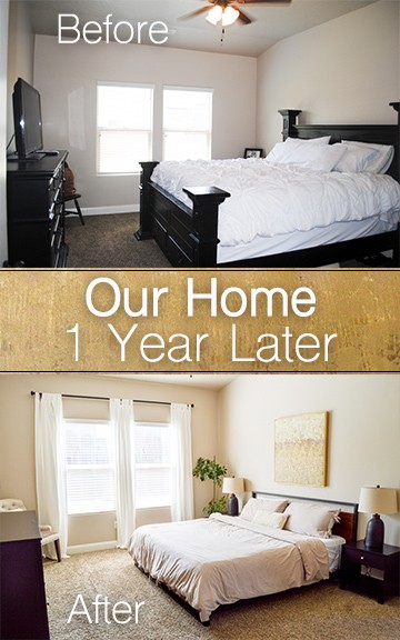 Master bedroom before and after pictures of our Utah home one year after we moved in. It is fun to compare the rooms and spaces in our house and see our progress. Gold, white, black, and tan with wood accents. Classy and hotel-feel while keeping it casual. 