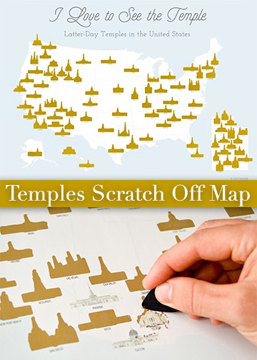 Latter-day Saint Temples scratch off map of the US temples. Great LDS Mormon gift idea for returned missionary, Christmas, birthday, or wedding gift. I Love to See the Temple title with Latter-day Temples in the United States subtitle.