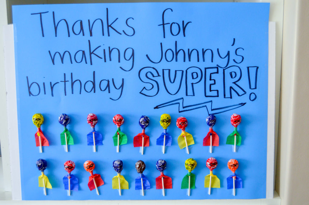 Superhero Party Favor - Lollipop sucker with cape and mask. Thank you for making my party Super. 