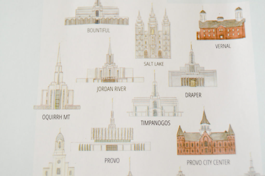 Beautiful design with hand drawn LDS temples in the United States for a fun gift and home decor.