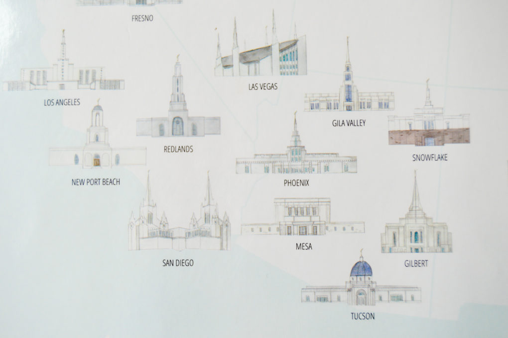 Beautiful design with hand drawn LDS temples in the United States for a fun gift and home decor.