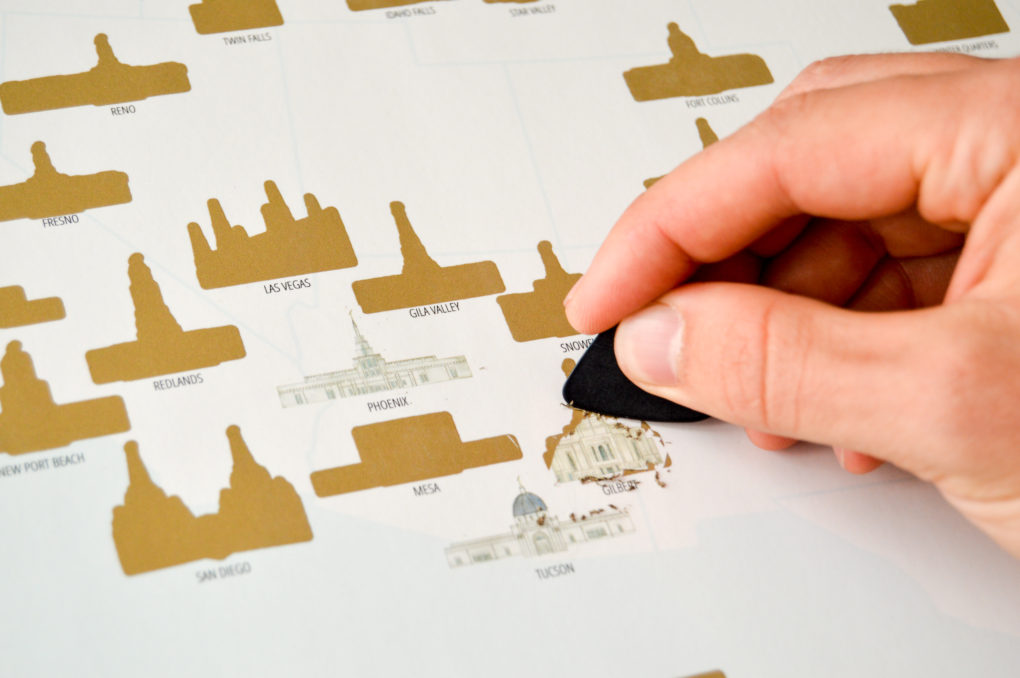Latter-day Saint Temples scratch off map of the United States temples. Great LDS Mormon gift idea for returned missionary, birthday, or wedding gift.