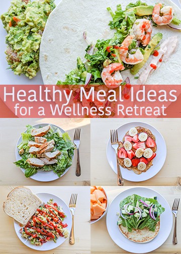 3 days worth of healthy meal ideas for your women's wellness retreat on a budget. Breakfast, lunch, and dinner ideas that are healthy, easy, and filling. Shrimp tacos, chicken caesar salad, pancakes, veggie scrambled eggs, and more.