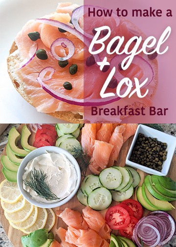 How to make a delicious bagel and lox bar for breakfast. Recipe toppings needed for bagels + lox including cream cheese, capers, red onion, etc. Other sides like fruit and veggie scrambled eggs to serve for a fancy and fun breakfast bar. Plus a look at my perfect cream cheese smear with other toppings.