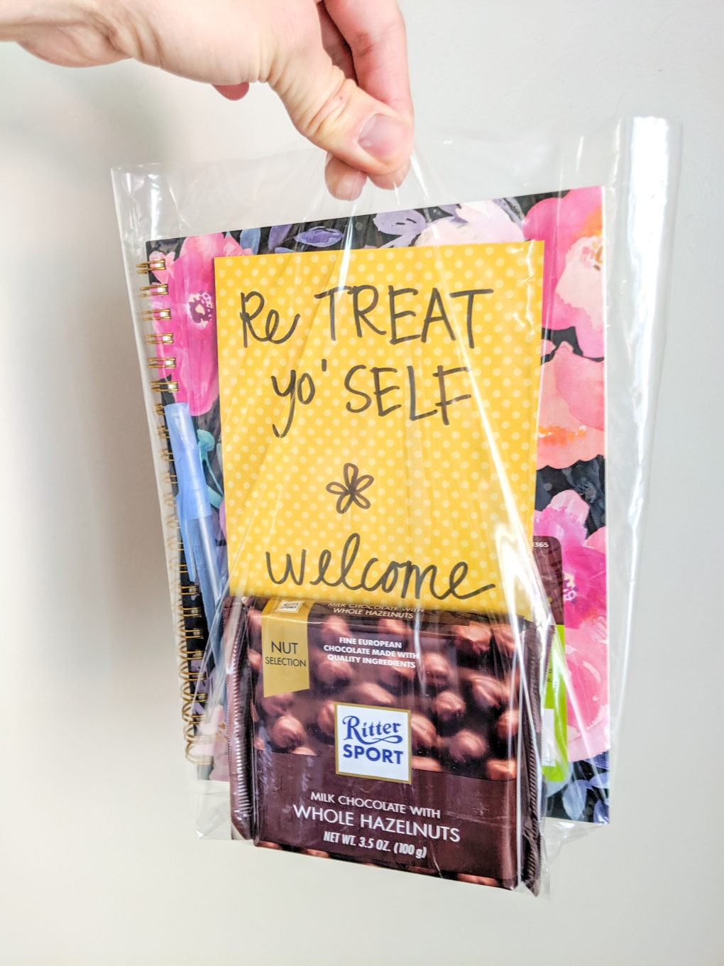 Welcome gift bags for our DIY women's wellness retreat on a budget. Retreat Yo Self sisters retreat.