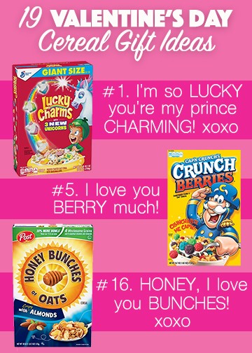 Punny cereal Valentine's Day gift ideas and sayings for your love. Cute Happy Valentines Day for a husband, wife, boyfriend, or girlfriend with cereal box. Super easy and fun Valentines Day gift for breakfast or school.
