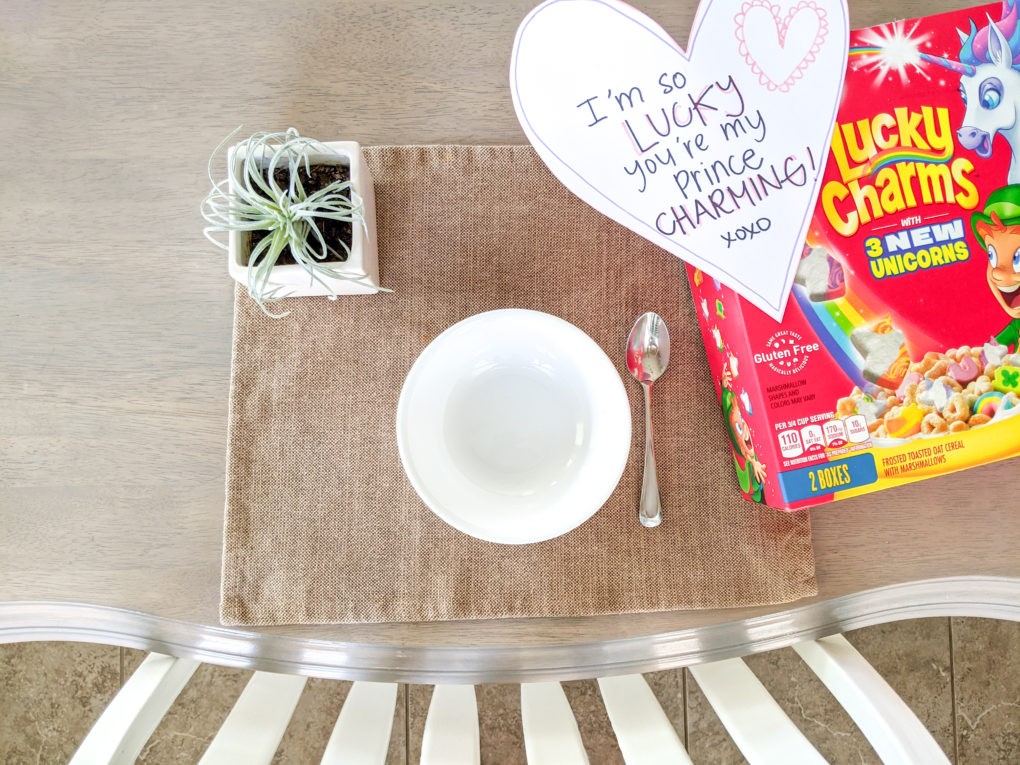 "I'm so LUCKY you're my Prince CHARMING! xoxo" Punny cereal Valentine's Day gift ideas and sayings for your love. Cute Happy Valentines Day for a husband, wife, boyfriend, or girlfriend with cereal box.
