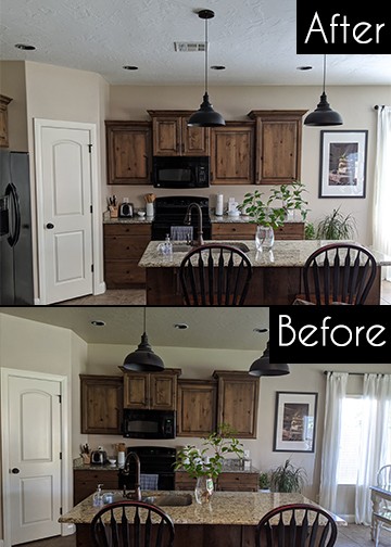 Kitchen Ceiling Painted before and after. Steps and directions for how to paint a ceiling white. Beginner tips for painting with a roller, extension rod, and ceiilng paint. Easy DIY paint hacks.
