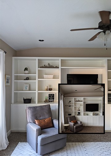 Living Room Ceiling Before and After. Steps and directions for how to paint a ceiling white. Beginner tips for painting with a roller, extension rod, and ceiilng paint. Easy DIY paint hacks.