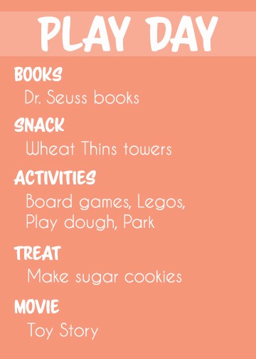 Themed toddler activity ideas for PLAY DAY.
Activities: 
Make sugar cookies
Play games like shoots and ladders, Uncle Wiggly, other games
Do Play Dough
Build Legos
Play at the park
Books: 
Sneetches
Other Dr. Seuss books
Snack: Build Wheat Thins towers
Treat: Frost and eat sugar cookies
Movie: Toy Story