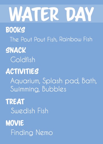 Themed toddler activity ideas for WATER DAY
Activities: 
Blow bubbles
Play Don't Break the Ice
Go to the splash pad or go swimming
Play in the bathtub
Book: 
The Rainbow Fish
Pout Pout Fish
A Lot of Otters
Snack: Goldfish
Treat: Swedish Fish
Movie: Finding Nemo