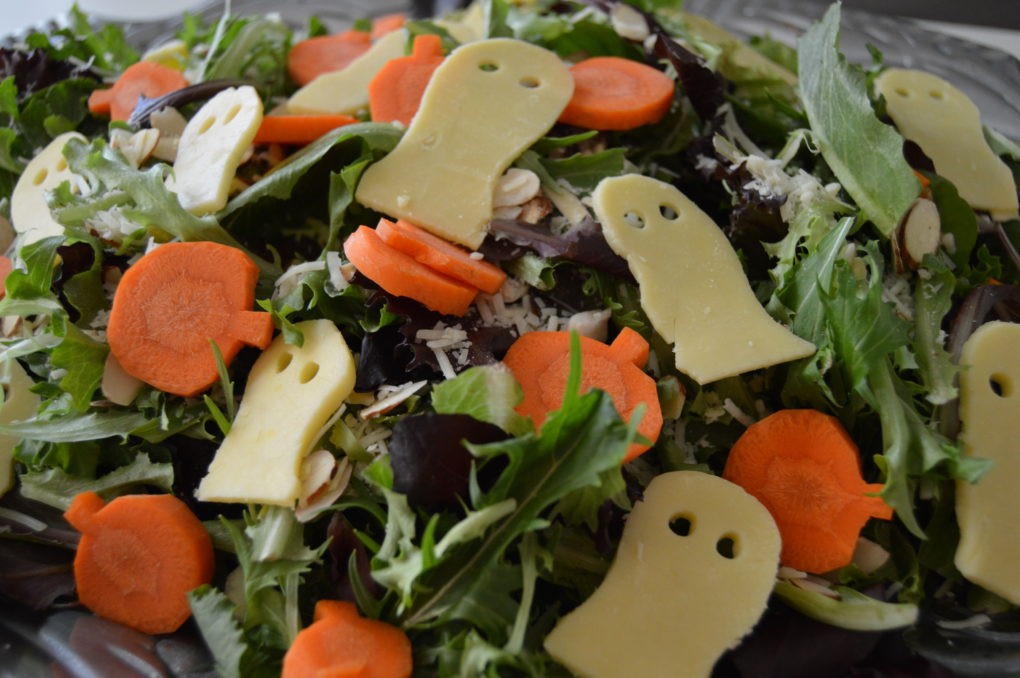 Spooky Salad for a Halloween dinner menu idea with cute and fun Halloween-themed food.