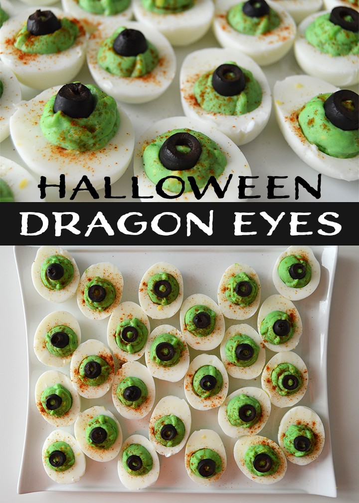 Halloween dragon eyes deviled eggs as a side dish for your spooky Halloween dinner menu. These also make a perfect Halloween party appetizer.