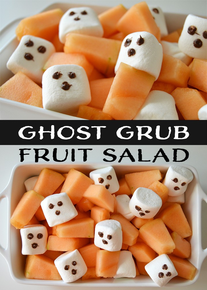 Ghost grub fruit salad. Halloween-themed food fun for kid or your next Halloween dinner party!