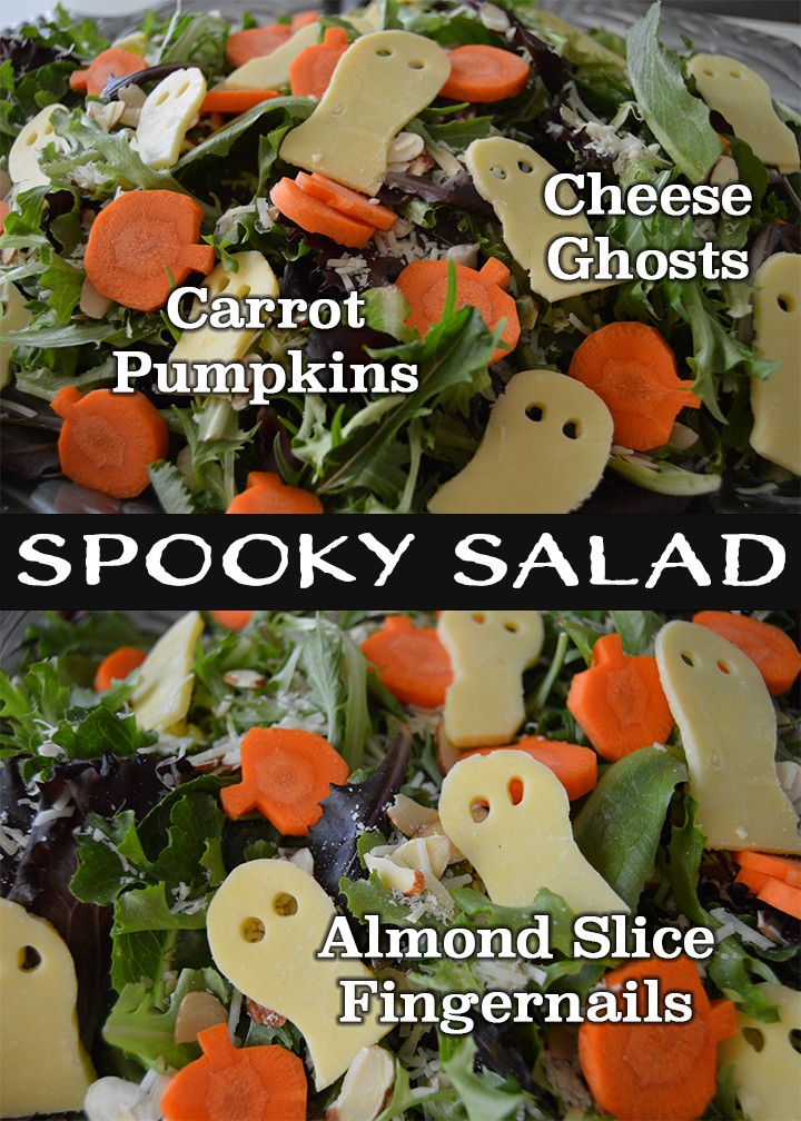 Spooky Salad for a Halloween dinner menu idea with cute and fun Halloween-themed food. It has ghost cheese, pumpkin carrots, and fingernail almond slices.