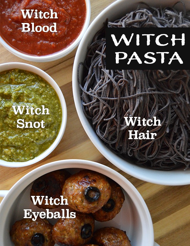 Spooky Halloween dinner menu ideas with cute and fun Halloween-themed food. For the main course have witch hair pasta with meatball eyeballs, marinara witch blood, pesto witch snot, and parmesan witch dandruff. A hit at your Halloween dinner party!